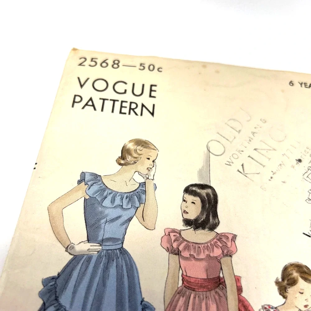 Vogue Vintage 1940's Pattern #2568 Girls One Piece Ruffle Dress Size 6 Years HTF